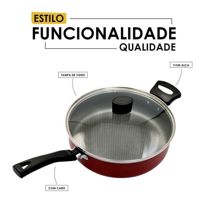 Frigideira Enjoy Reta 24cm Com Tampa de Vidro e Alça - Vermelha - Image 6