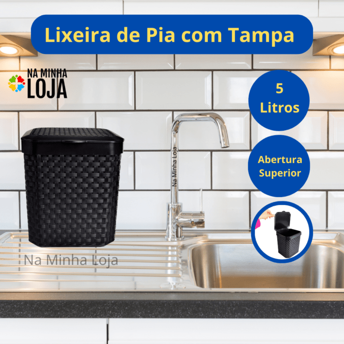 Lixeira de Pia Rattan com Tampa Preta 5 Litros