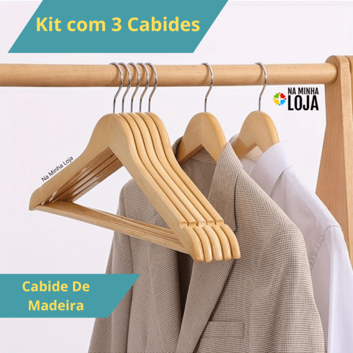 Kit 3 Unidades Cabides De Madeira com Verniz