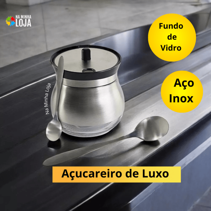 Açucareiro com Colher de Aço Inox e Fundo de Vidro