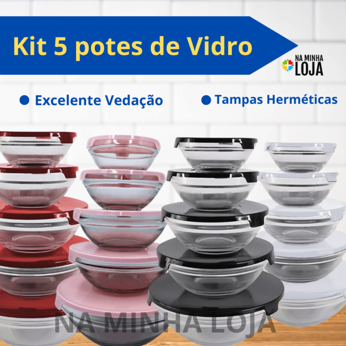 Conjunto 5 Potes de Vidro Hermeticos Com Tampa