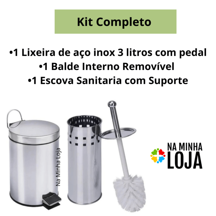 Lixeira de Aço Inox 3 Litros com Escova Sanitária e Suporte - Image 2