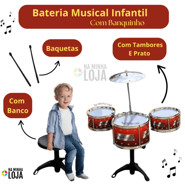 Bateria Musical Com Banquinho Infantil
