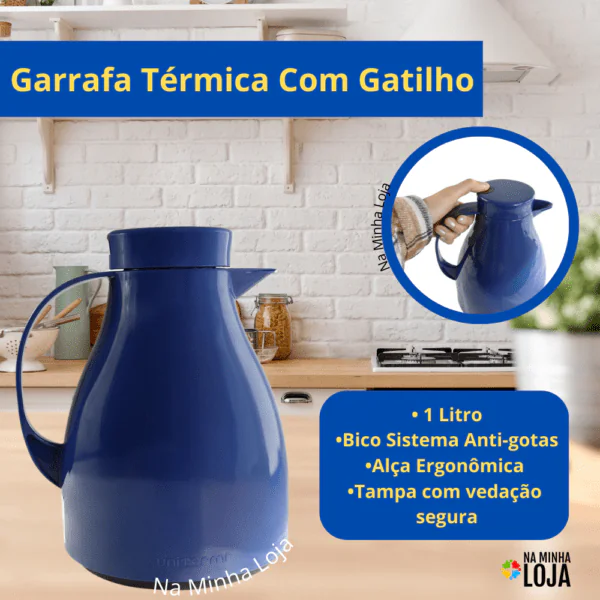 Garrafa Térmica Bule C/ Gatilho 1,0 Litro Café - Azul