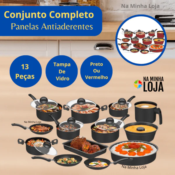 Conjunto Panelas Antiaderente com Tampa de Vidro 13 peças